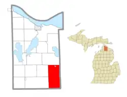 Location within Cheboygan County (red) and the administered CDP of Tower (pink)