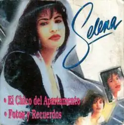 A cardboard box CD cover of Selena looking outwards while posing.