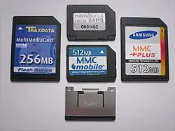 Front of four different MMC cards: MMC, RS‑MMC, MMCplus, MMCmobile, and metal extender
