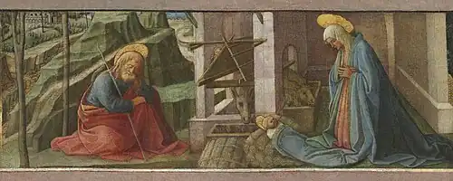 A baby with a halo around his head lying on hay with a kneeling woman and man on his both sides