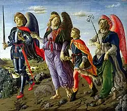 Michael (left) with archangels Raphael and Gabriel, by Botticini, 1470