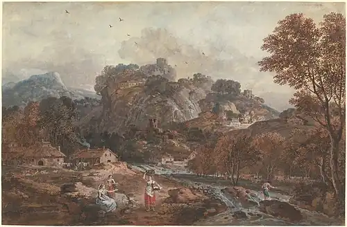 Mountain Landscape with Washerwomen and a Fisherman. c. 1765–8. National Gallery of Art, Washington, D.C.[O]