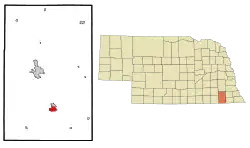 Location of Wymore within Gage County and Nebraska