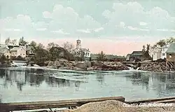 Town Hall and Pleasant River c. 1908