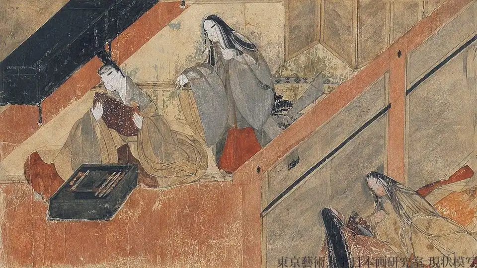 Tarikubi collars on husband and wife, in their home. Note red hakama of standing woman.