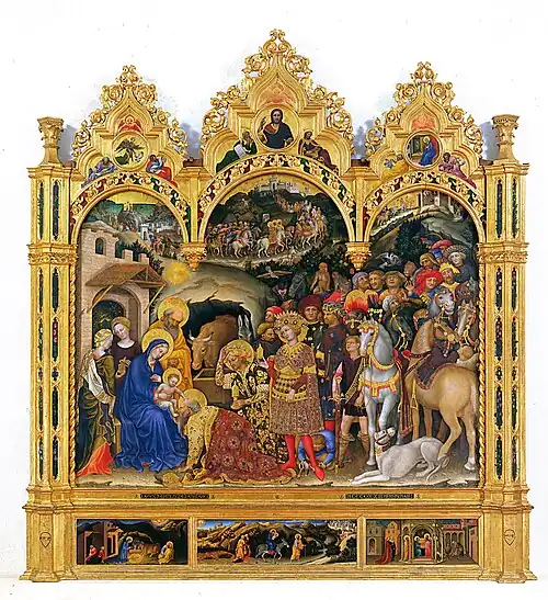 The Three Wise Men bowing to Jesus, followed by a procession