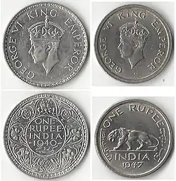 One rupee coins showing George VI, King-Emperor, 1940 (left) and just before India's independence in 1947 (right)[i]