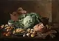 Kitchen still life with meat and vegetables on a table top, private collection
