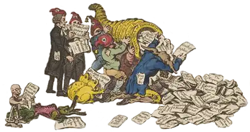 Cornucopia issuing radical pamphlets and surrounded by revolutionaries with tricolor hats.