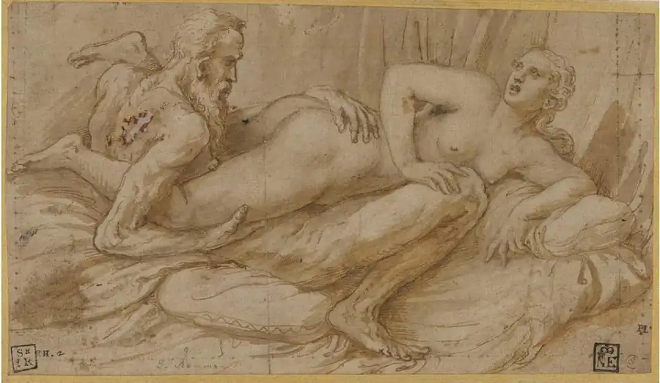 Erotic Scene, Giulio Romano. Pen and charcoal drawing. Museum of Fine Arts (Budapest). Around 1530