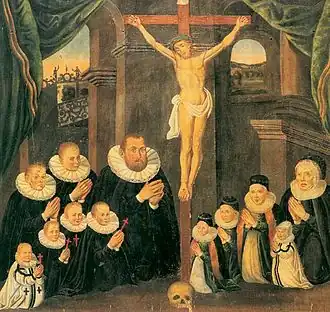 A prosperous glassmaker and his family, 1596. The five children holding crosses had died; the two in black-trimmed white garments apparently before the painting was done, on the others the crosses were probably added later.[32]
