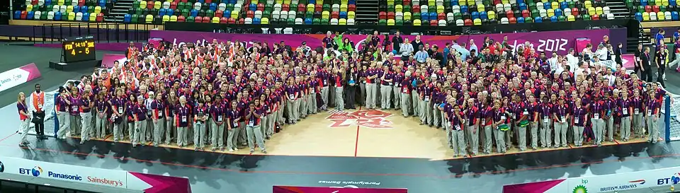 All the volunteers ('Games makers') for goalball, in the Copper Box arena (Sep 2012).