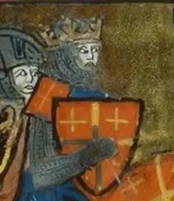 Depiction of the Jerusalem cross on a red (rather than silver) shield as the coat of arms of Godfrey of Bouillon in a 14th-century miniature.[10]