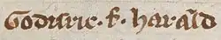 The name of Gofraid mac Arailt, King of the Isles as it appears on folio 141v of British Library Cotton MS Domitian A I