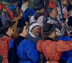 Jean Fouquet. The Trial of the Duke of Alanson. Frontispiece of Boccaccio's Munich, 1359-1360 (left). Detail of the painting (right)