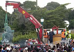 Statue of Cecil John Rhodes being removed by a crane from the University Of Cape Town on 9 April 2015 following the Rhodes Must Fall movement.