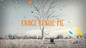 An greyscale long shot of a young girl sitting in a grassy field next to a tree without leaves. The words "Grace Beside Me" are in the foreground in orange lettering, along with superimposed images of colourful leaves.