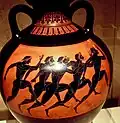 Panathenaic amphora showing runners, awarded to a victor in one of the Panathenaic Games, c.&nbsp;530 BC. It would have been filled with oil from the sacred olive groves in Attica. Metropolitan Museum of Art