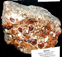 A cluster of orange garnet crystals in a light gray matrix.