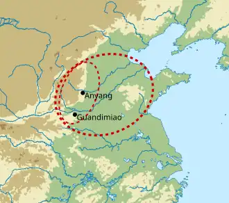 A map of northern China, showing Guandimiao and Anyang marked within two dotted circles, one inside the other.