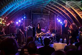 Guided by Voices performing in 2016. Left to right: Bobby Bare Jr., Mark Shue, Kevin March, Robert Pollard, Doug Gillard.