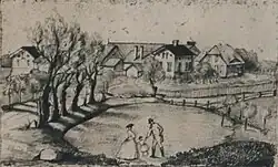 Detail of a painting by Helene Siewert showing the manor house at Budy, 1863