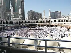 Islam's holiest site, that is al-Masjid al-Haram, which surrounds the Kaaba (middle), in Mecca. Mecca is the city of Muhammad's birth and ancestry, and an annual point of pilgrimage for billions of Muslims.