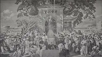 Tam quan in decorative painting at Indochina University lecture hall, Hanoi