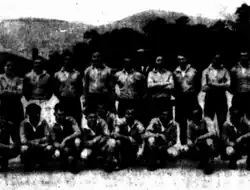 HMAS Hobart Australian rules football team assemble for a match in Kure, Hiroshima Japan in 1946