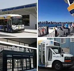Clockwise from top-left: Halifax Transit bus, view of Halifax from the deck of the Stannix, Access-a-Bus vehicle, new entrance to Dartmouth Alderney terminal