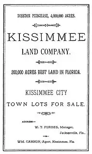 A black and white image of a land sale notice announcing 4 million acres (16,000 km2) purchased by Hamilton Disston; 20,000 acres (81 km2) are up for sale, specifically featuring town lots for sale