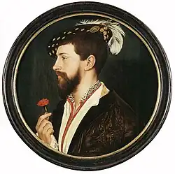 Blackwork embroidery on both an outer and inner collar. Portrait of Simon George by Hans Holbein the Younger, 1535.