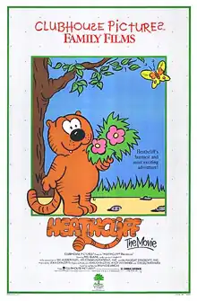 Heathcliff, an orange cat is holding onto flowers. In the sky, a butterfly is seen. This is all in a box with the Clubhouse Pictures logo on the top, and the credits and film logo on the bottom.