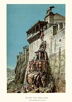 Juno's sacred geese warn the Romans while the Gauls approach the Capitoline Hill in 390 BCE. Lithograph after Henri-Paul Motte (1883)