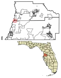 Location of Aripeka in Hernando County and Pasco County, Florida.