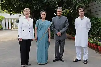 Karan Singh meets Hillary Clinton along with Congress party President Sonia Gandhi, and Rahul Gandhi. July 2009