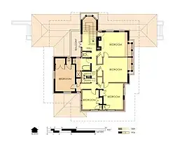 Hills House Second Floor Plan in 1906. Outline of the earlier house is shown in yellow.