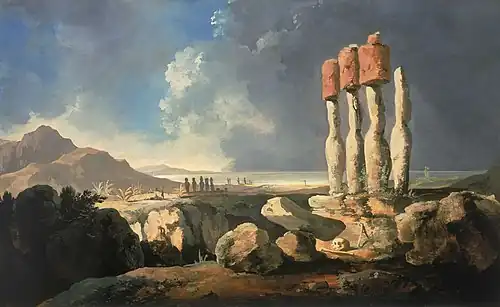 A mountainous island, with four large stone statues