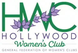 Purple and green logo reading: HWC, Hollywood Women's Club, General Federation of Women's Clubs. Purple flowers flow through the "HWC".