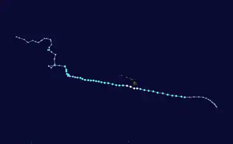 Map plotting the track and the intensity of the storm, according to the Saffir–Simpson scale
