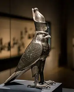 Figurine of Horus as falcon god with an Egyptian crown; circa 500 BC; silver and electrum; height: 26.9 cm; Staatliche Sammlung für Ägyptische Kunst (Munich, Germany)