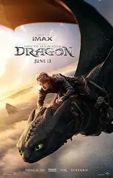 Mason Thames as Hiccup, a young man riding on the back of Toothless a black green eyed dragon, flying above the sea and clouds.