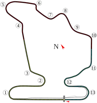 A track map of the Hungaroring circuit. The track has 16 corners, which range in sharpness from hairpins to gentle, sweeping turns. There are two long straights that link the corners together. The pit lane splits off from the track on the inside of Turn 16, and rejoins the track after the start-finish straight.