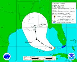 A map of a storm track surrounded by an error cone extending from the Florida Keys arcing north to Louisiana
