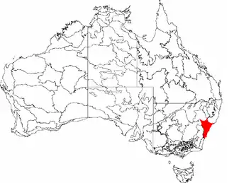 A black and white outlined map of Australia, with a small red section at the bottom left corner of New South Wales, indicating that this region is the Sydney Basin.