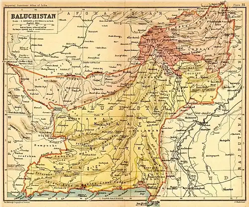 Baluchistan in 1908: the Districts and Agencies of British Baluchistan are shown alongside the States, mostly: Kalat.
