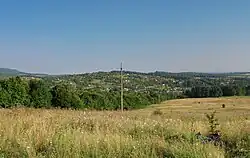 Image of a village off in the distance with a green and yellow meadow in the foreground.