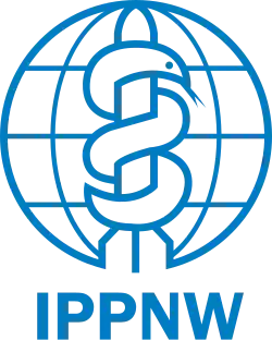 A blue line illustration of a missile intertwined with a serpent imposed on a blank globe. Below it are the capital letters "I P P N W".