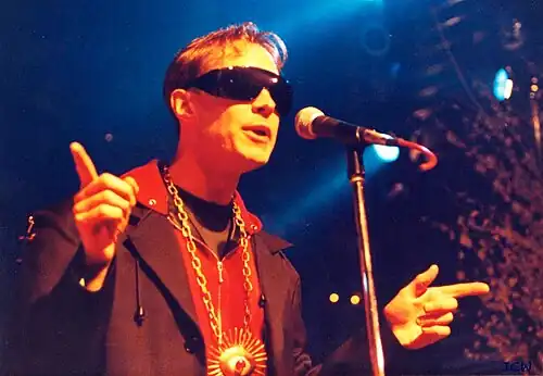 Iain Williams on stage at the Hippodrome during Big Bang's Arabic Circus Tour, 1989