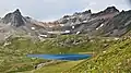 Pilot Knob right of center, Golden Horn to left, above Ice Lake Basin.